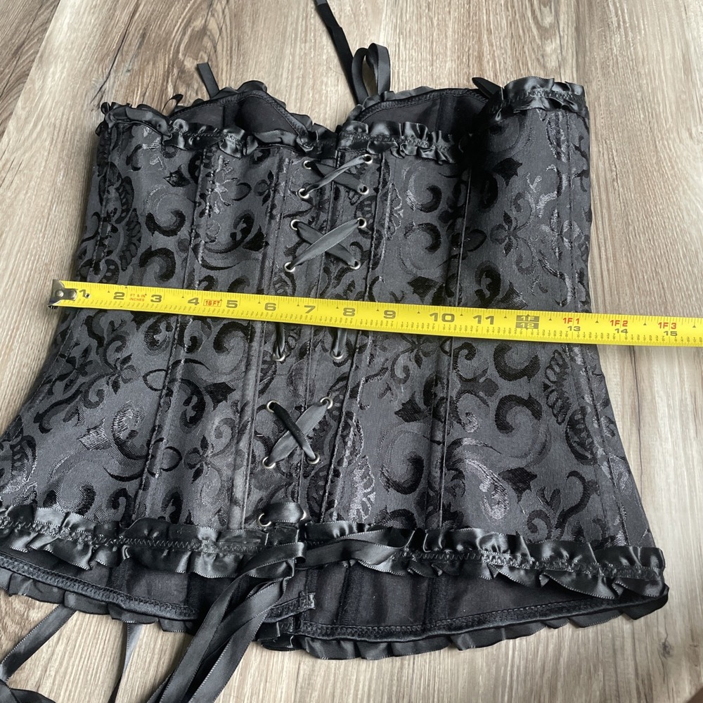 Black Damask Jacquard Corset Bustier Top Lace Up Back Ruffle Trim Size Large - Picture 5 of 7